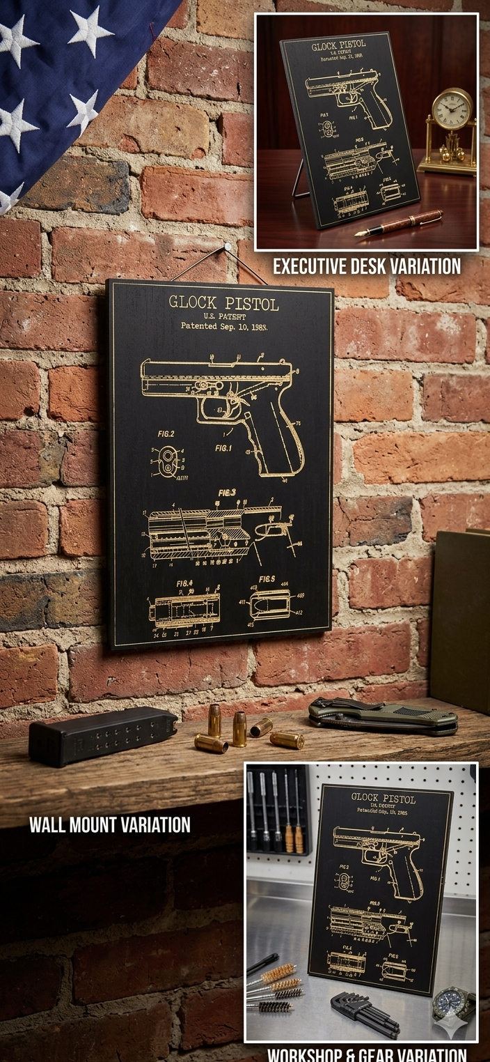 Glock Patent Wood Engraved Plaque – 12" x 17" Engineering Wall Art